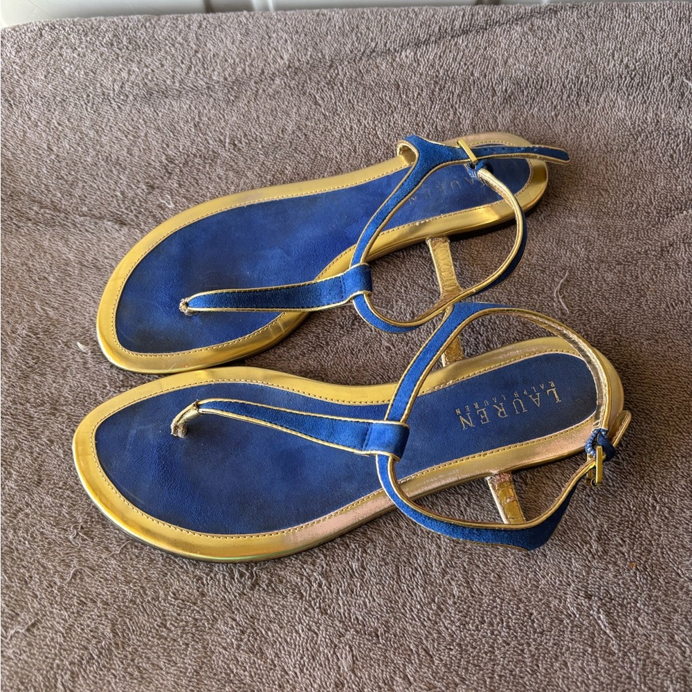 Lauren Ralph Lauren blue velvet/gold sandals size 8.5 B - Picture 3 of 5